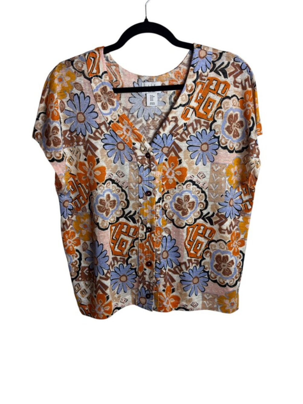 Nicole Miller Size M Pure Linen Button Up Floral Blouse Top Short Sleeve Boho